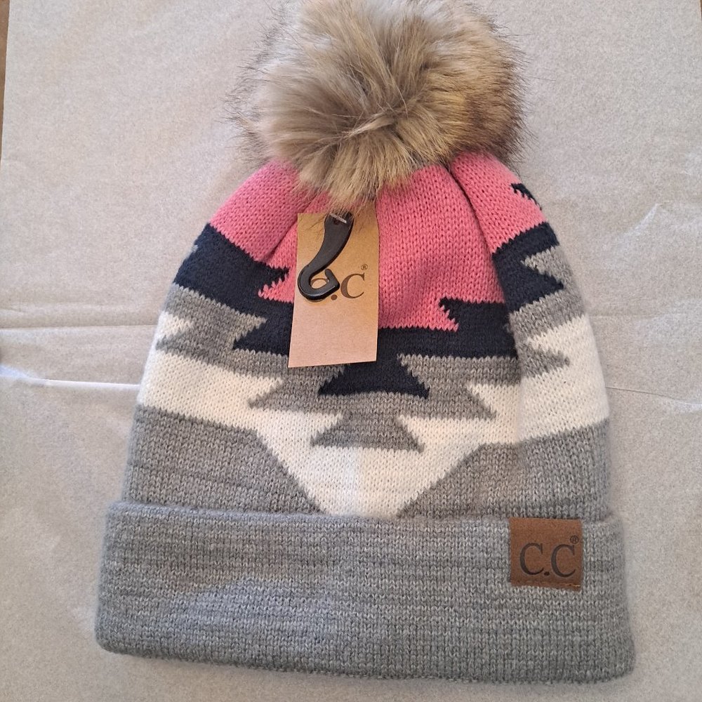 CC Lux Pom Pom Aztec Beanie- PINK